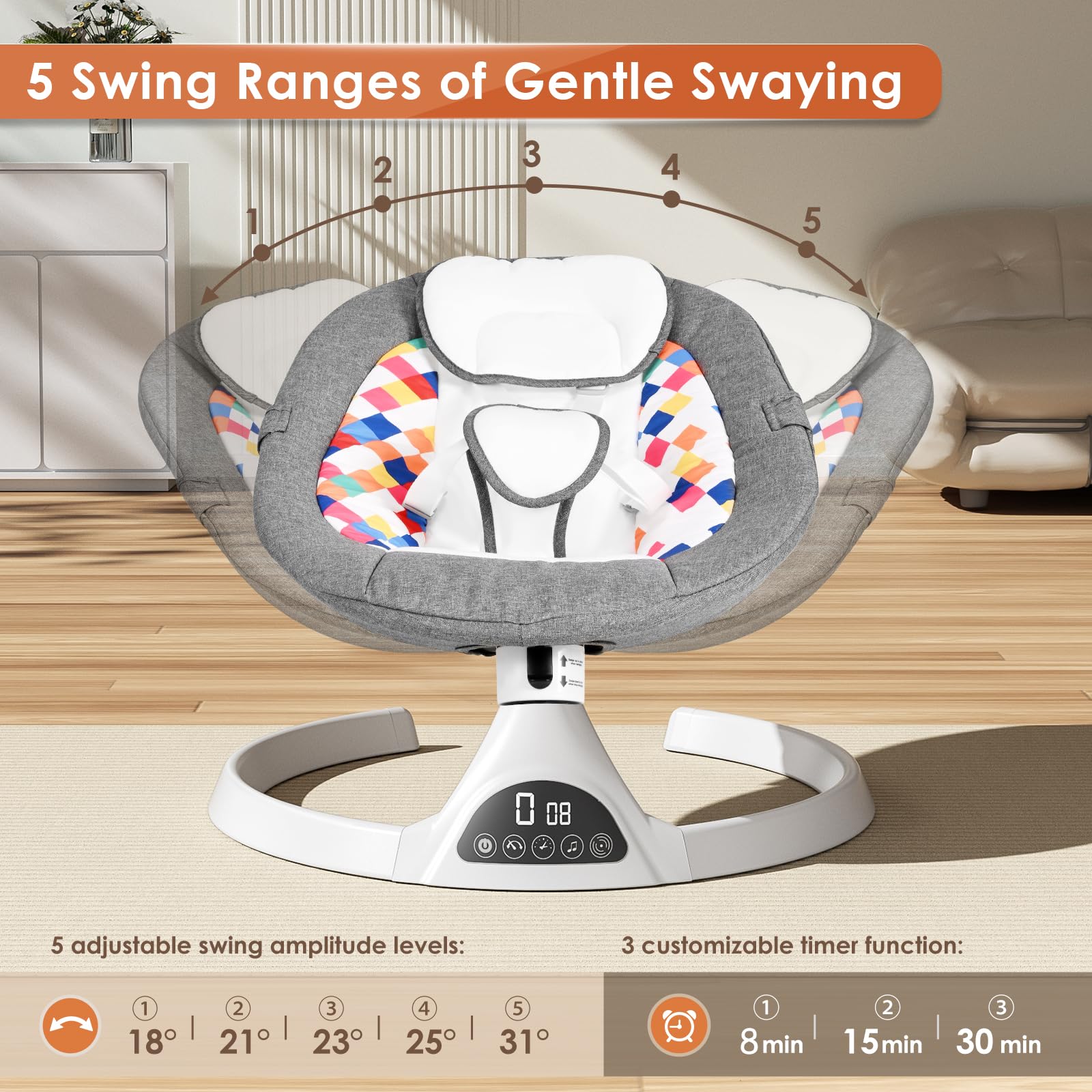Baby Swing with 5 Speed Settings & 12 Soothing Lullabies - Bluetooth Portable Infant Rocker with Soft Fabric, 3 Timer Modes & Remote Control - Perfect for Newborns 5-20 lbs (Gray) - Ideal for Nursery, Bedtime & Soothing Fussy Babies
