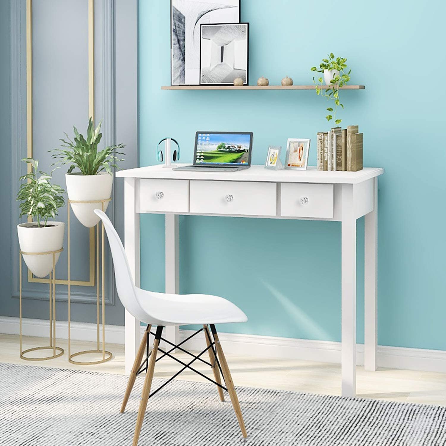 STHOUYN Compact White Writing Desk with Drawers - Space-Saving Home Office Desk, Study Table for Adults & Students, Vanity Makeup Dressing Table - Perfect for Small Bedrooms, Apartments & Dorm Rooms (White)
