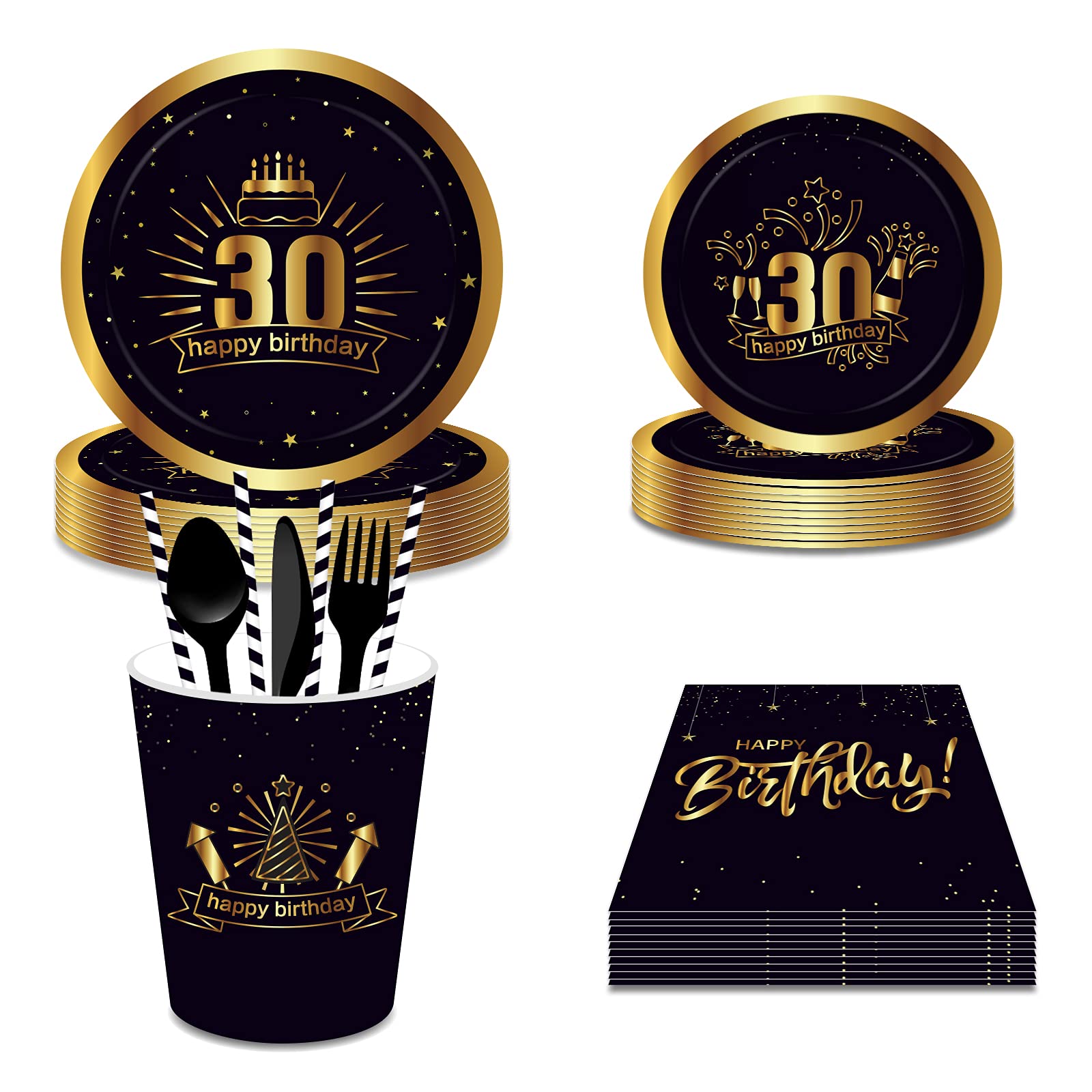 30th Birthday Party Supplies - Black and Gold Decorations for Men, 16-Person Disposable Tableware Set with Plates, Napkins, Forks, Knives & Cups | Perfect for 30th Birthday Celebrations, Milestone Parties & Adult Gatherings