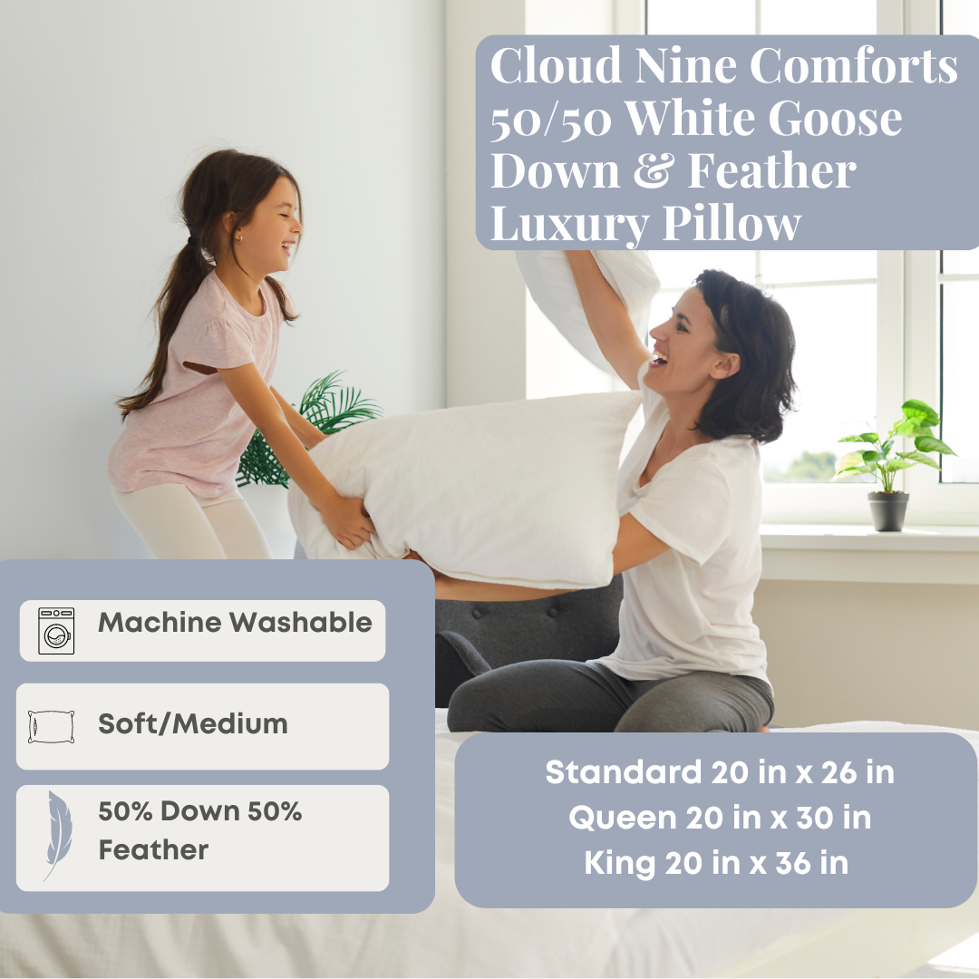 Cloud Nine Comforts 50/50 White Goose Down & Feather Luxury Pillow - Medium Support for Side & Back Sleepers - Premium Bedding for Hotels & Home Use