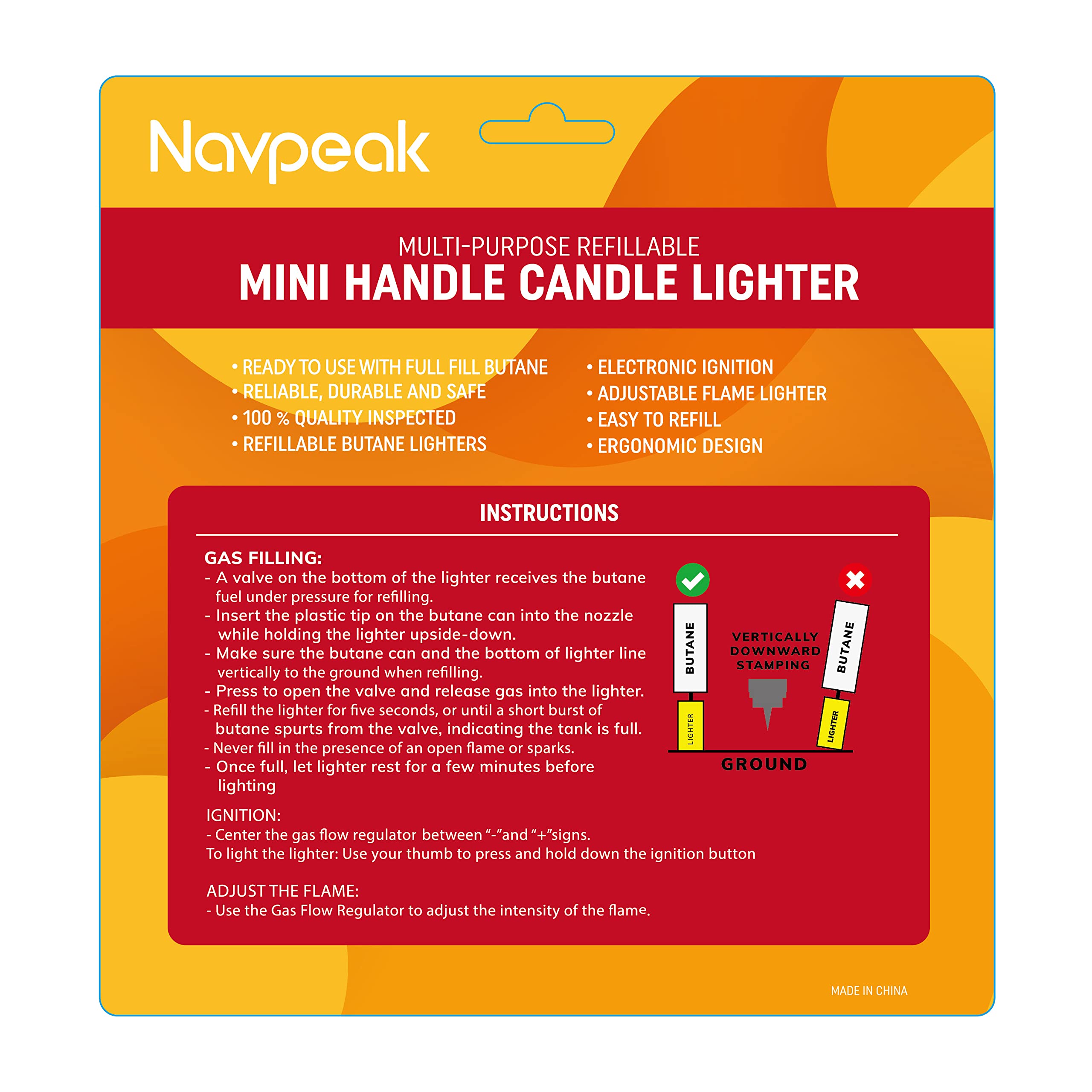 Navpeak Mini Candle Lighter - 5 Pack Refillable Butane Utility Lighters with Extended Wand for Kitchen, Fireplace, BBQ, Stove & DIY Projects | Perfect for Camping, Home Use & Outdoor Cooking