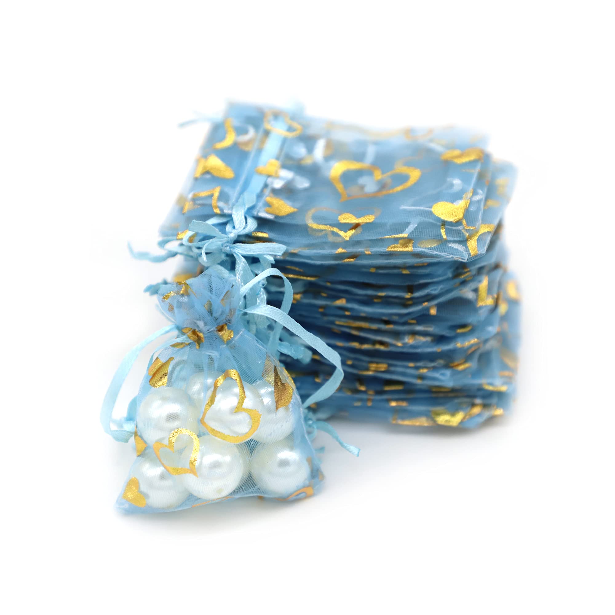 Wudygirl 100PCS Heart Blue 2.75x3.54 Inch Small Jewelry Bags - Drawstring Organza Pouches for Wedding Favors, Candy, Jewelry & Party Gifts - Perfect for Bridal Showers, Baby Showers and Birthday Celebrations