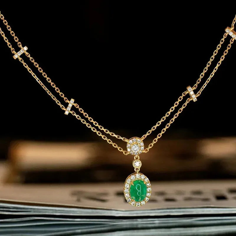 18K Yellow Gold Emerald and Diamond Pendant Necklace for Women - Real Natural Gemstone Luxury Jewelry for Parties, Weddings & Special Occasions