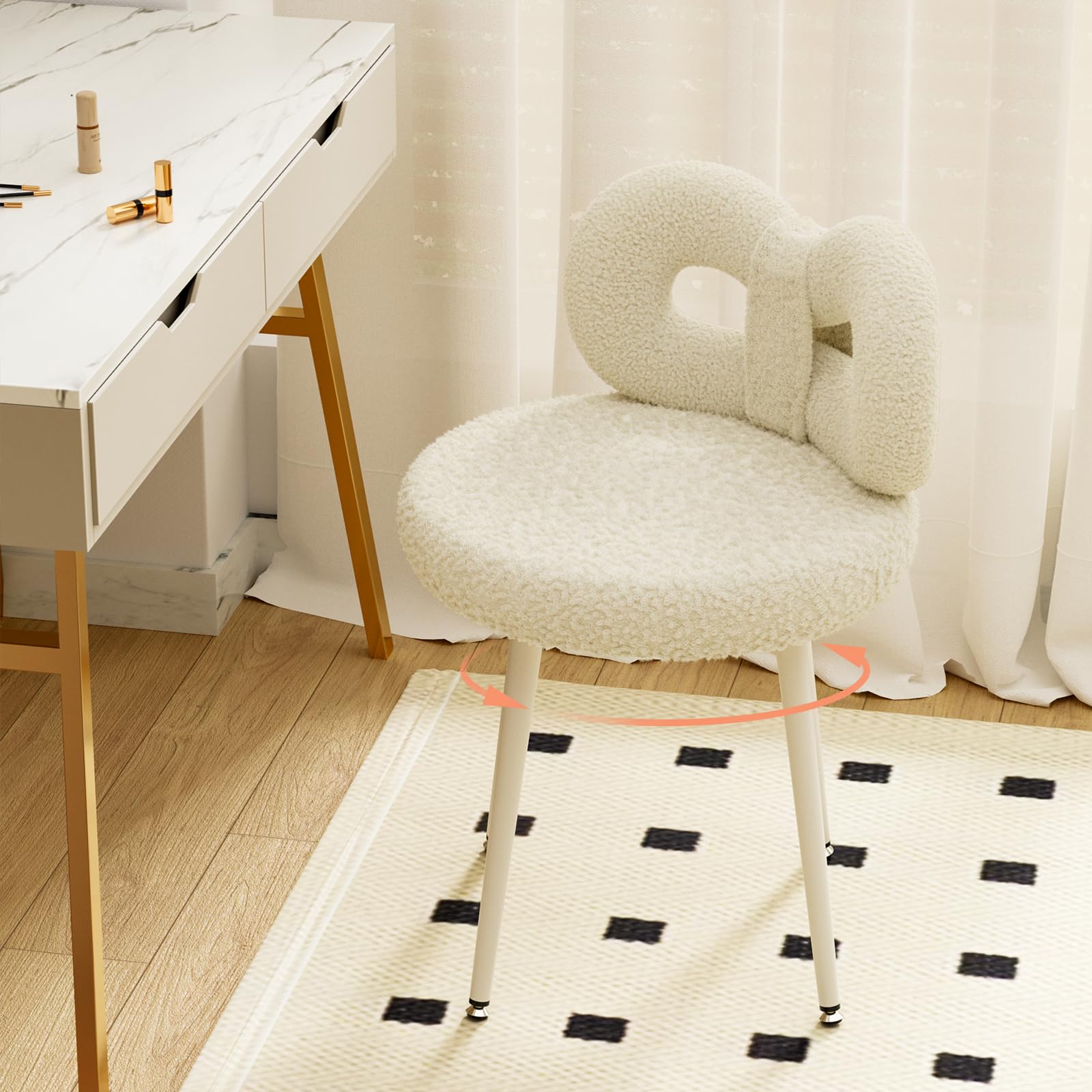 ROOMTEC Small Swivel Vanity Chair with Back - Comfy Armless Makeup Stool for Girls, Modern Bedroom & Living Room Accent Chair for Reading, Dressing Table, Home Office (White)