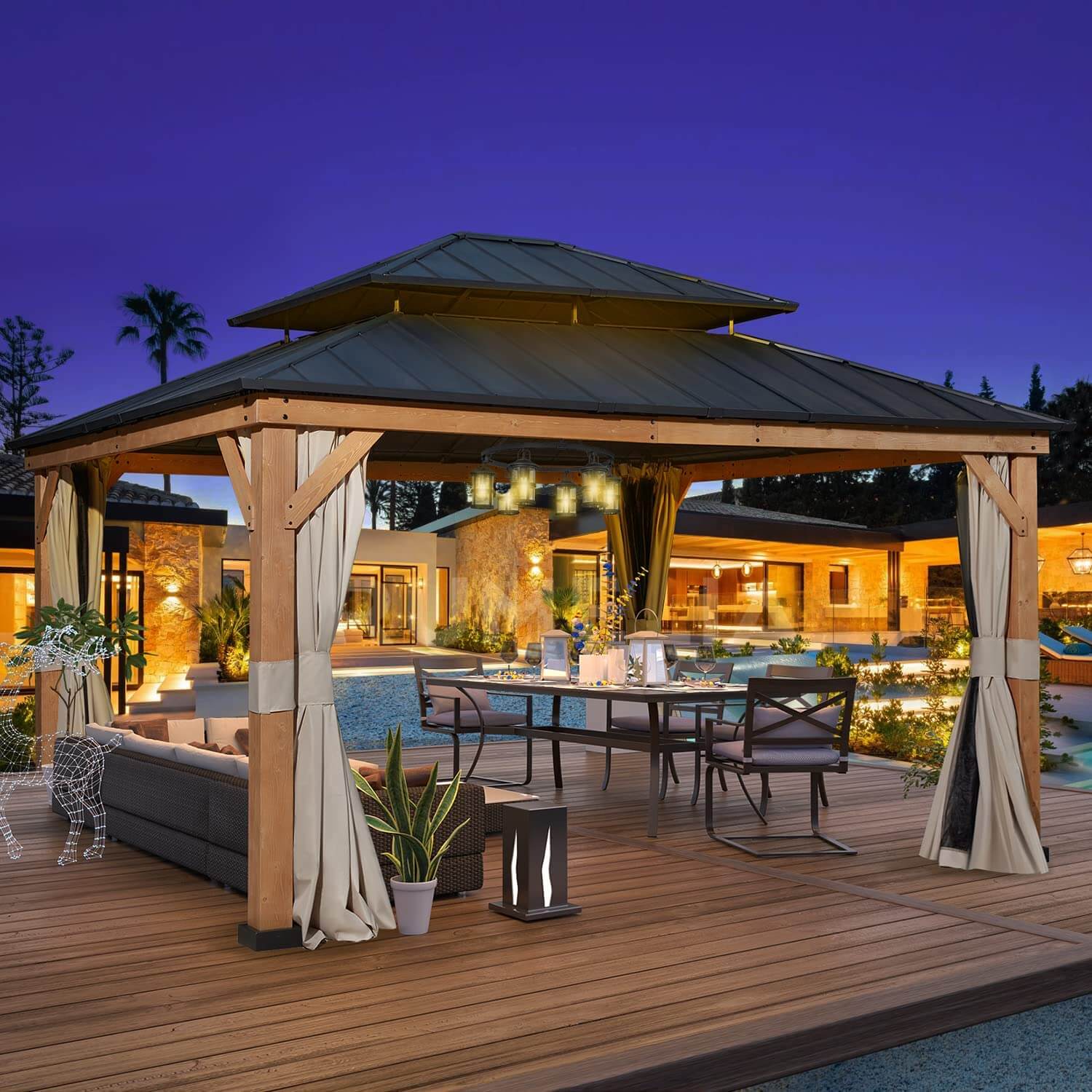 EROMMY 13' x 15' Outdoor Spruce Wood Hardtop Gazebo with Double Metal Roof, Curtains & Netting - Perfect for Patio, Garden, Backyard, and Outdoor Entertaining