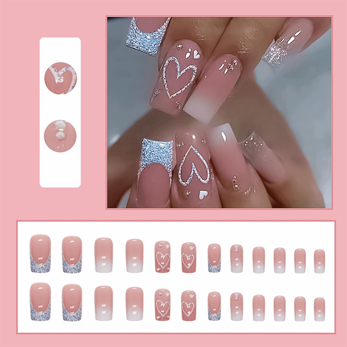 Glitter French Tip Heart Press on Nails - 24Pcs Medium Square Fake Nails with Rhinestones Design | Glossy Gradient Pink False Nails | Reusable Stick on Nails for Women | Perfect for Parties, Weddings, and Special Occasions