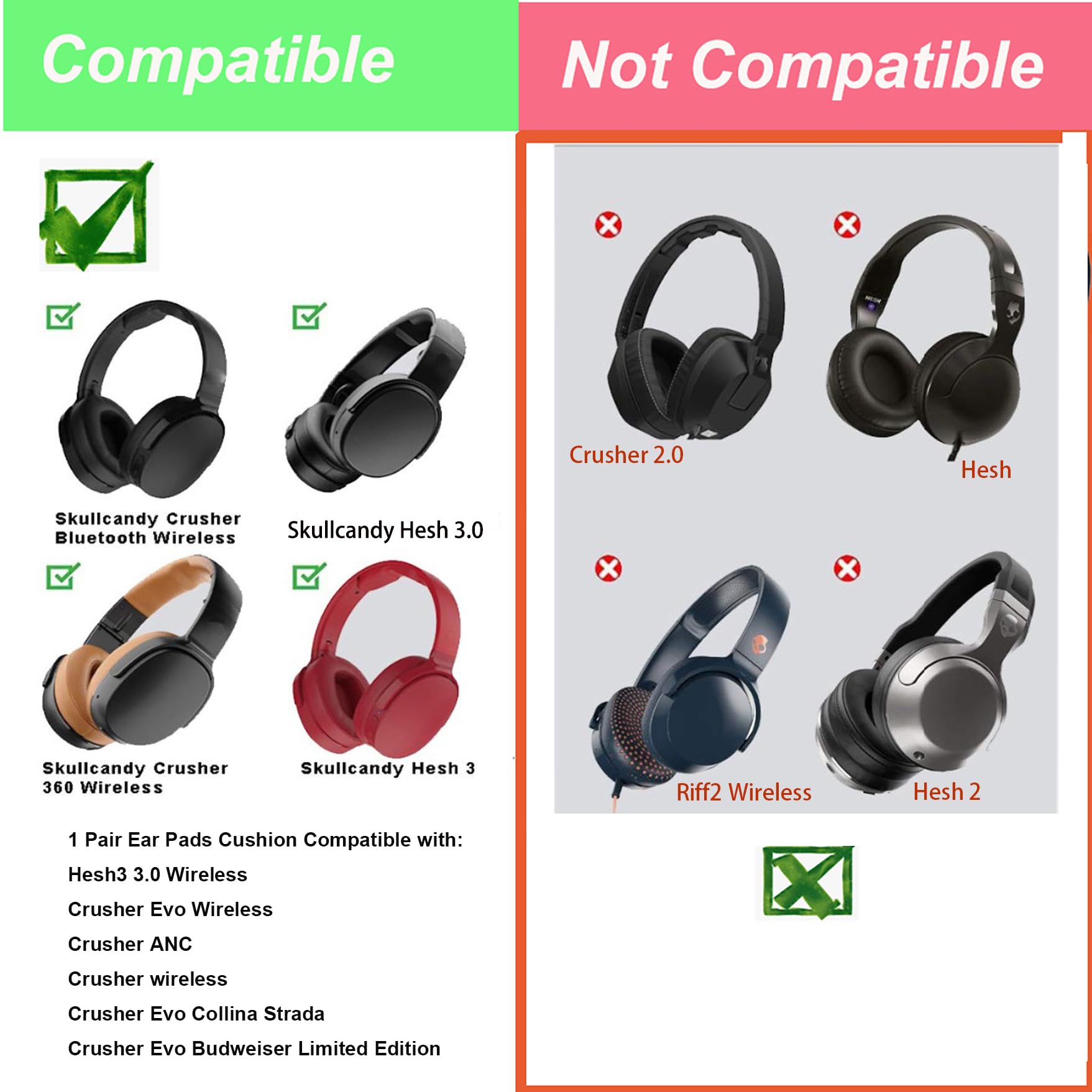Replacement Ear Pads Cushion for Skullcandy Crusher Wireless/ANC/Evo & Hesh 3/EVO/ANC Headphones - Soft Memory Foam Ear Cups Cover (Black) - Perfect for Gaming, Music & Long Wear Comfort