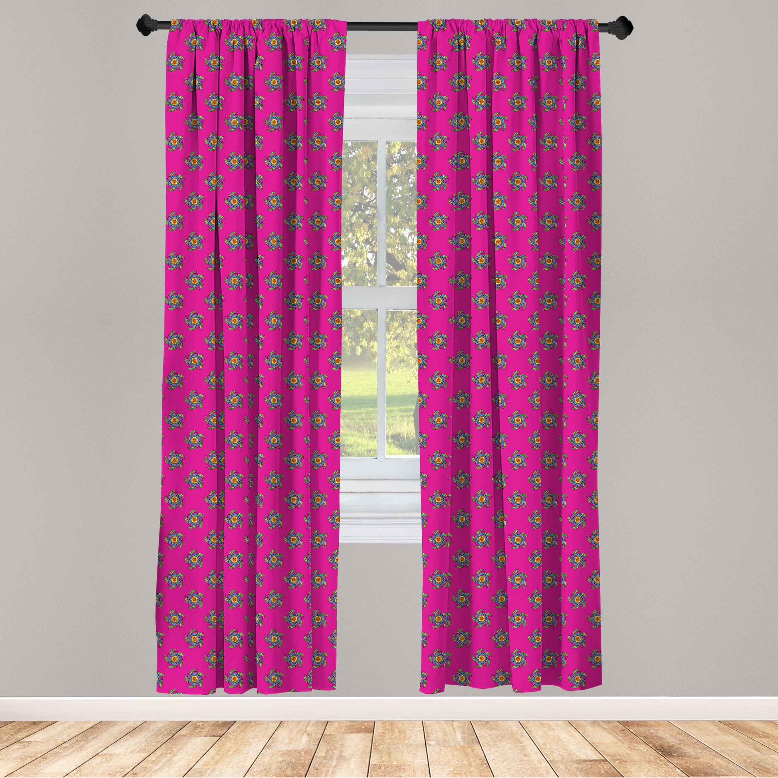 Ambesonne Ethnic Bohemian Curtains - Windmill Inspired Floral Design with Leaves, Circles & Polka Dots - 2 Panel Window Treatments for Living Room & Bedroom - 28