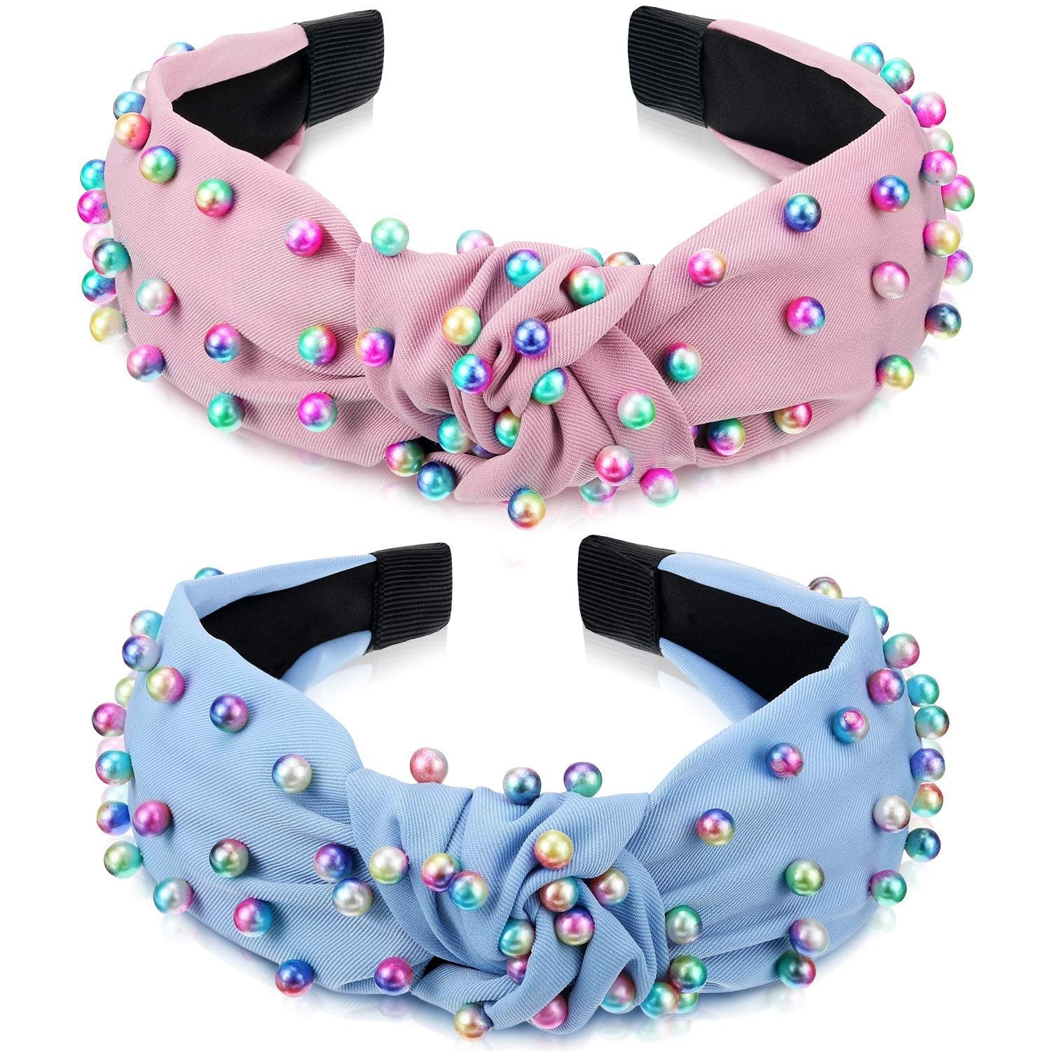 BELICIA 2 Pack Women's Pearl Knotted Headbands - Jeweled Embellished Gem Hair Accessories with Faux Pearl Cross Knot Design for Women and Girls | Perfect for Weddings, Parties, and Everyday Fashion