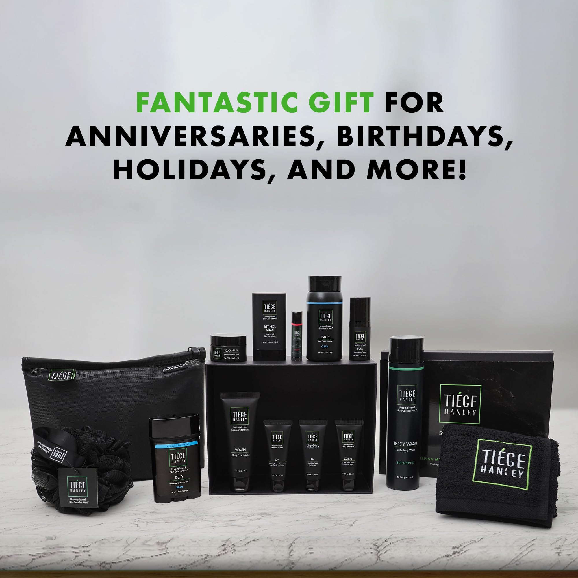 Tiege Hanley Platinum Men's Skincare Gift Set - Complete Face & Body Care Kit with Face Wash, AM/PM Moisturizer, Scrub, Eye Cream, Clay Mask, Retinol Stick, Body Wash, Deodorant & Lip Balm - Perfect for Gifts, Travel & Daily Skincare Routine