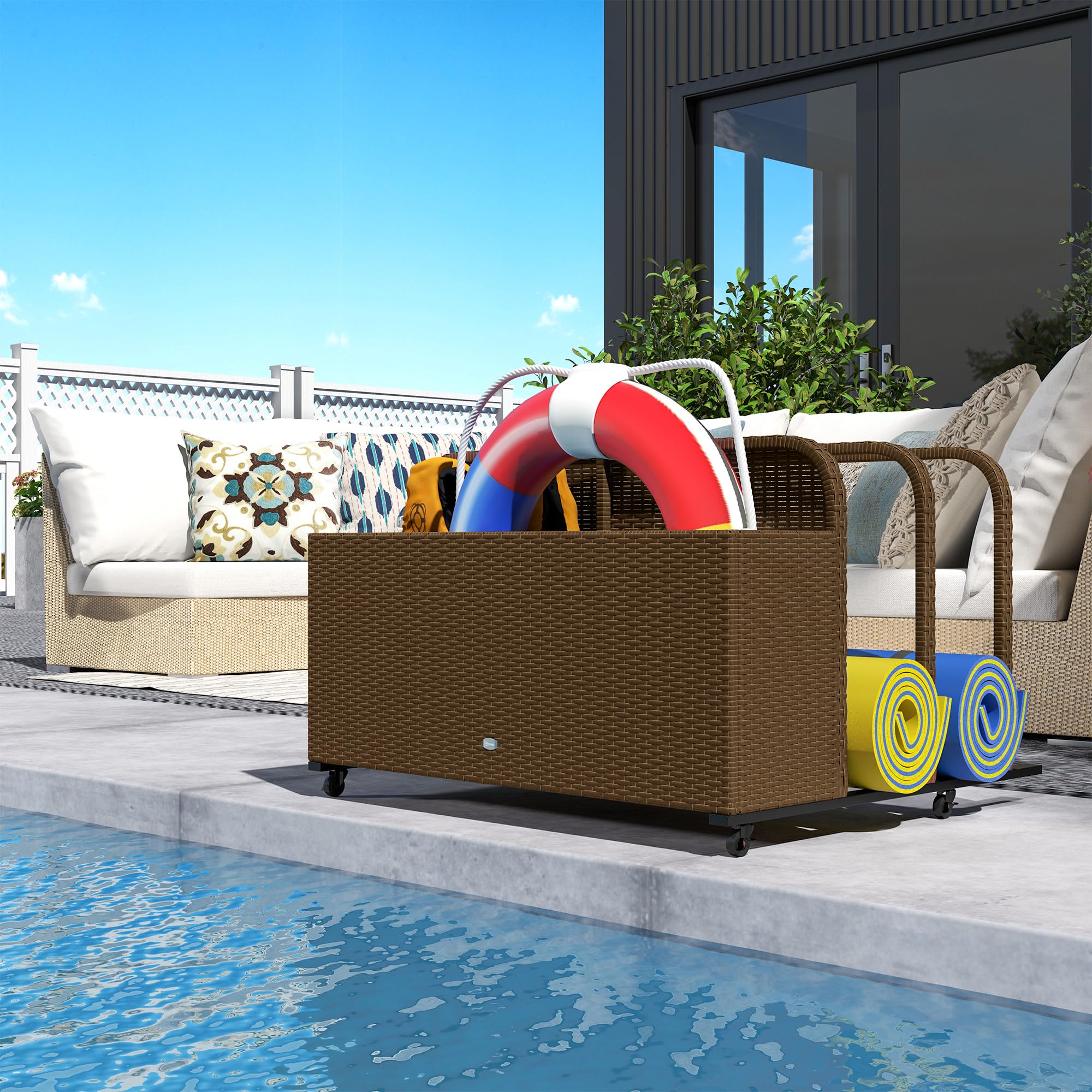 Outsunny Brown PE Rattan Pool Float Storage Basket with Wheels - Outdoor Wicker Caddy Organizer for Pool Toys, Floaties, Noodles, Beach Balls & Life Vests - Perfect for Backyard, Poolside & Beach Storage
