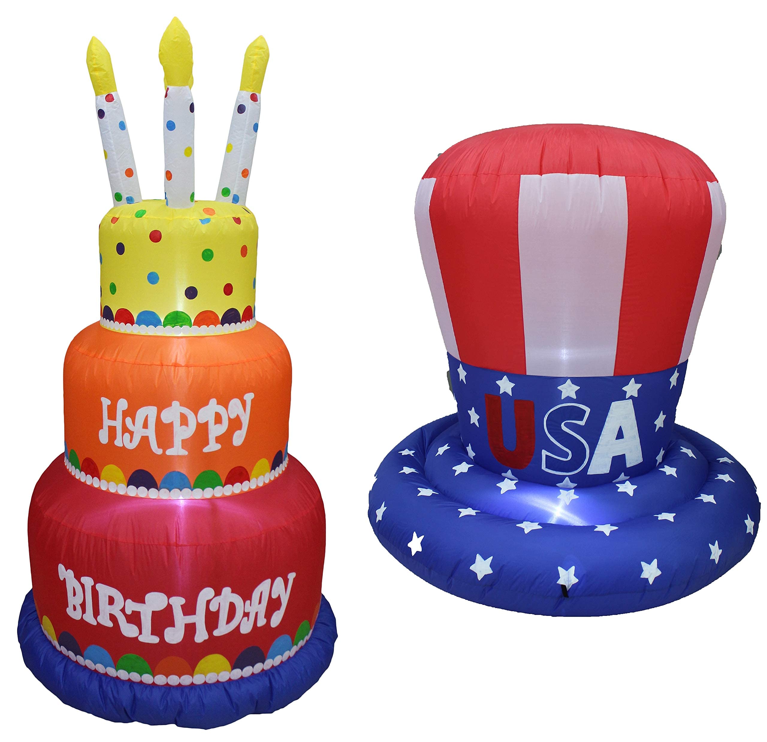 6ft Happy Birthday Inflatable Cake with Candles & 4ft Inflatable American Flag Uncle Sam Hat with Lights - Patriotic Party Decorations Bundle for Outdoor Celebrations, Backyard BBQs, and Independence Day Events