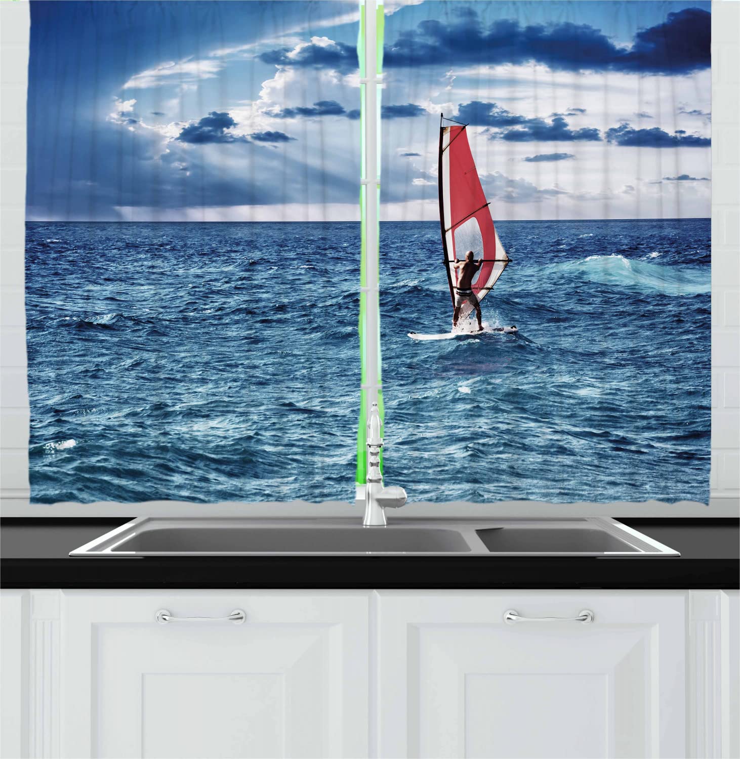 Ambesonne Ride The Wave Long Kitchen Curtains - Windsurfer in The Sea Exotic Adventure Beach Theme, 2 Panel Rod Pocket Drapes for Windows, 55 x 45 Inches, Night Blue - Perfect for Coastal, Nautical & Summer Home Decor