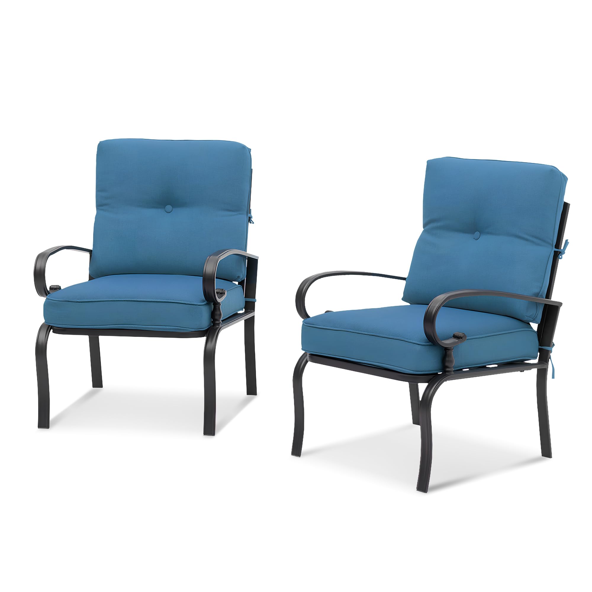 2 Pcs Patio Dining Chairs Bistro Set - Wrought Iron Outdoor Furniture with Blue Cushions, All-Weather Garden Seating for Backyard, Balcony or Poolside Relaxation