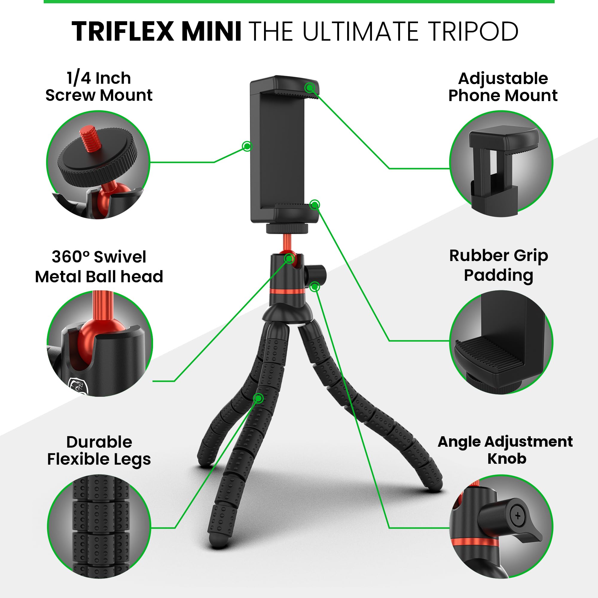 TriFlex Mini Tripod for iPhone & Android - Compact Flexible Phone Stand with Remote & GoPro Adapter - Portable Smartphone Tripod for Vlogging, Travel & Photography