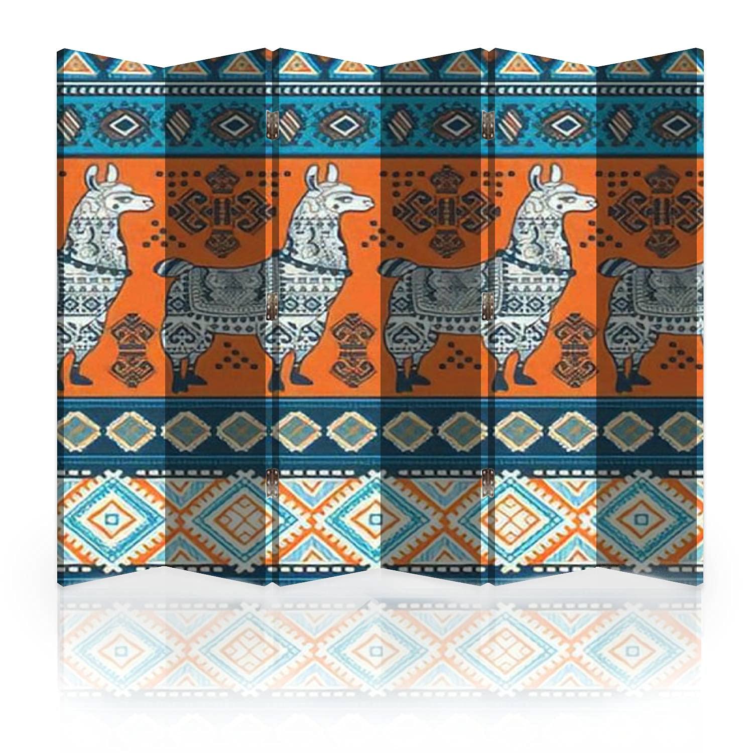 6 Panel Canvas Room Divider Screen with Indian Rug Tribal Elephant Pattern - Aztec Inspired Folding Privacy Partition for Yoga Studios, Bedrooms & Living Spaces | Decorative Wall Separator for Home & Office
