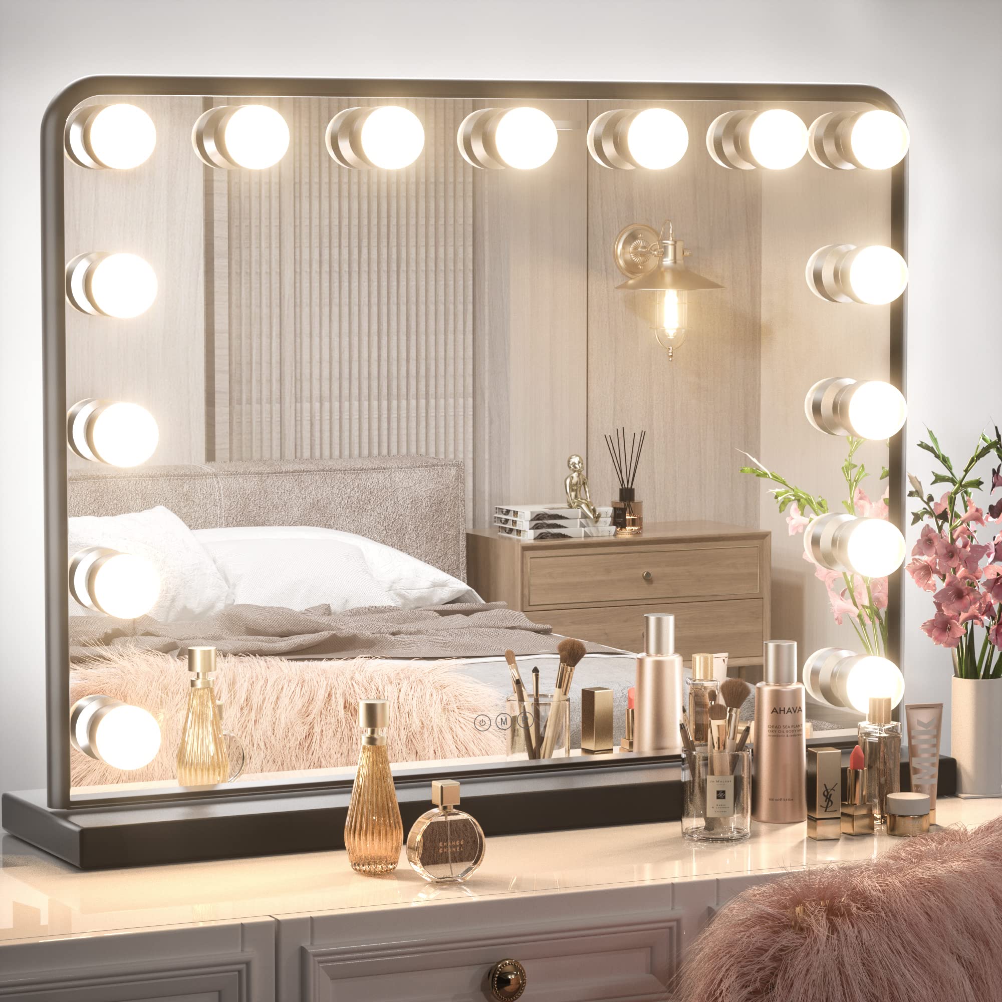 Keonjinn Hollywood Vanity Mirror with Lights - 15 Replaceable Bulbs, 3 Color Modes, USB Charging, Aluminum Frame (23