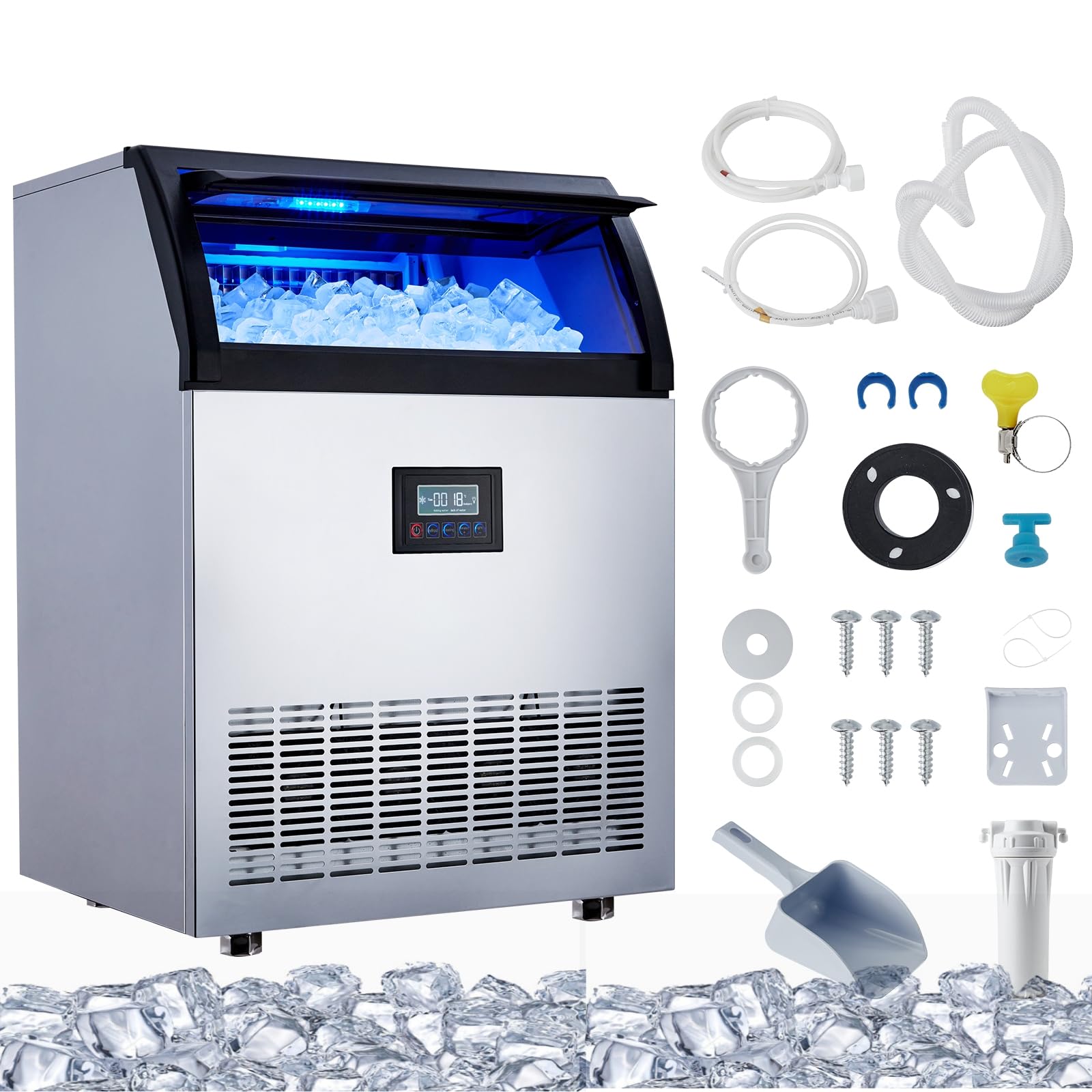 Commercial Ice Maker Machine 200 LBS/24H, Stainless Steel Undercounter Ice Maker with 55 lb Storage, 420W High Efficiency - Produces 90 Ice Cubes in 15 Minutes - Perfect for Bars, Restaurants, Cafes, Home & Office Use