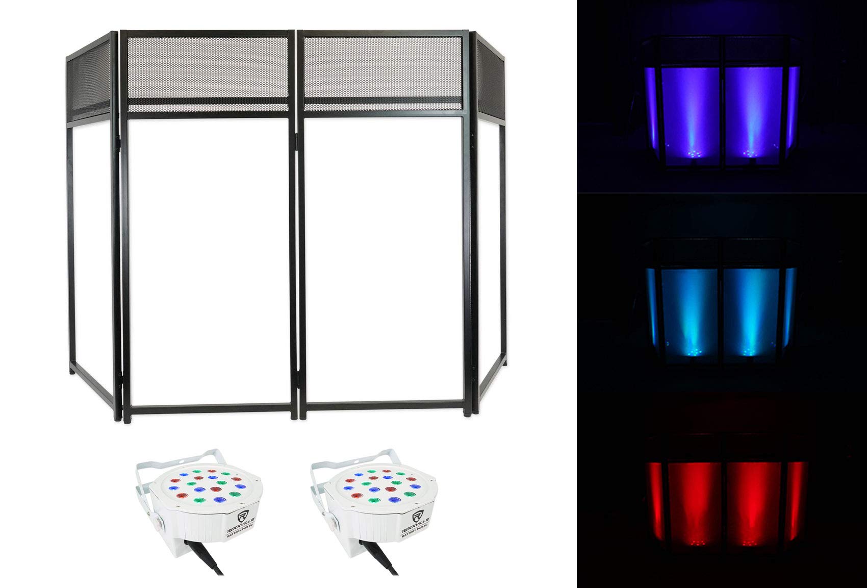 Rockville ROCKBOOTH Professional DJ Booth Facade with 2 Scrims & 2 Lights - Portable Outdoor Backyard Party Setup for Weddings, Events & Nightclubs