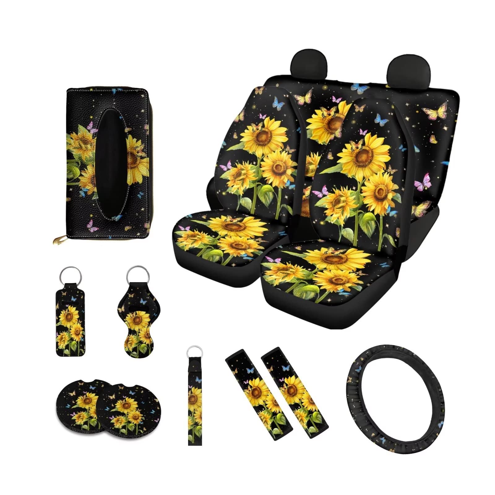 13-Piece Sunflower Butterfly Print Car Accessories Set - Seat Covers, Steering Wheel Cover, Wristlet, Lanyard & Keychain | Stylish Interior Decor for Cars & SUVs | Perfect for Road Trips & Daily Commutes