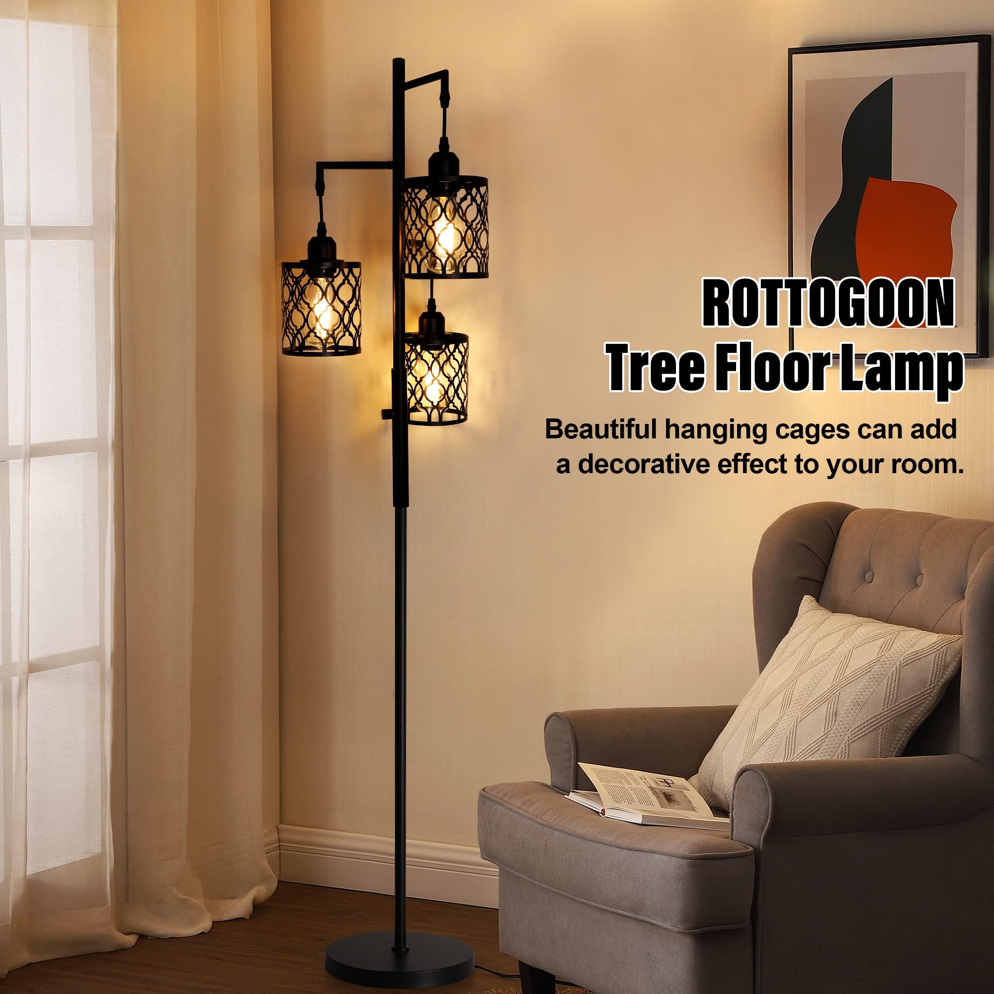 Dimmable Farmhouse Floor Lamp - Industrial Rustic Standing Tall Lamp with 3 x 6W LED Bulbs for Living Room, Bedroom & Office - 68