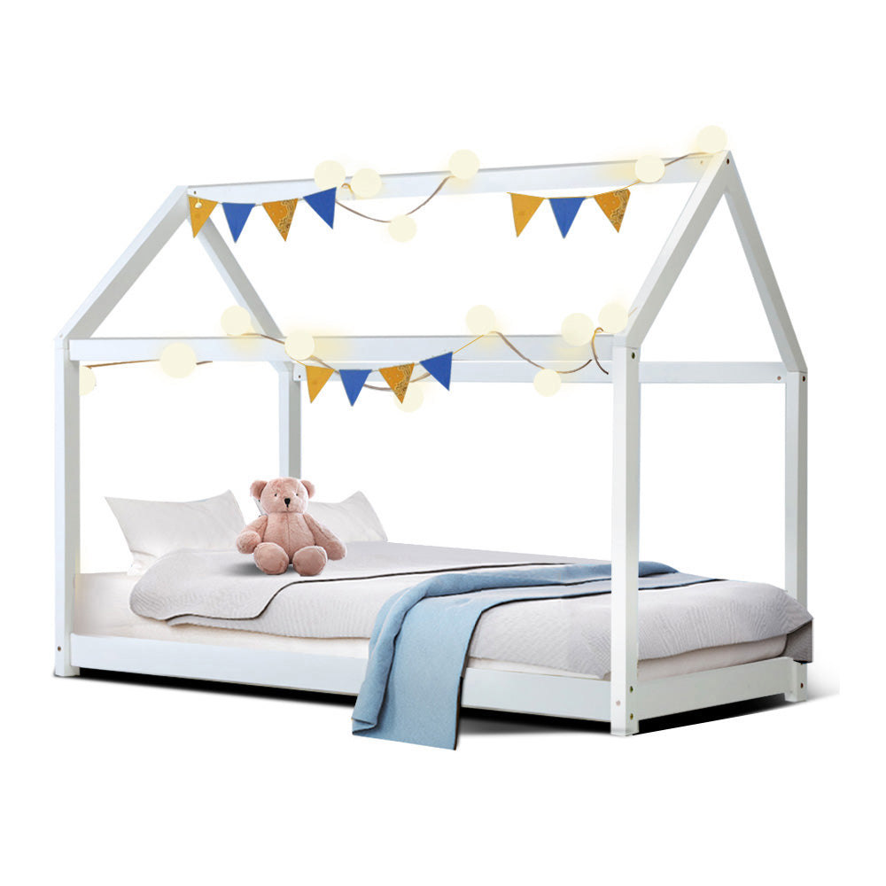 White Wooden Single Bed Frame for Kids - Perfect for Children's Bedrooms, Playrooms & Cozy Sleep Spaces