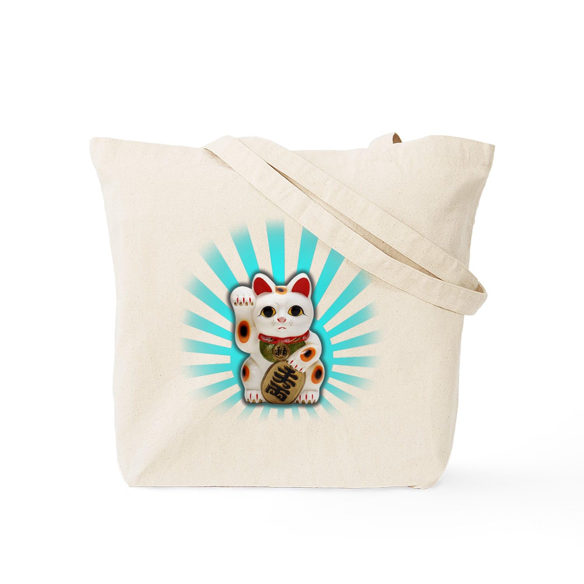 Lucky Cat (Maneki Neko) Tote Bag - Natural Canvas Reusable Shopping Bag for Groceries, Beach & Daily Use | Cute Japanese Good Luck Gift