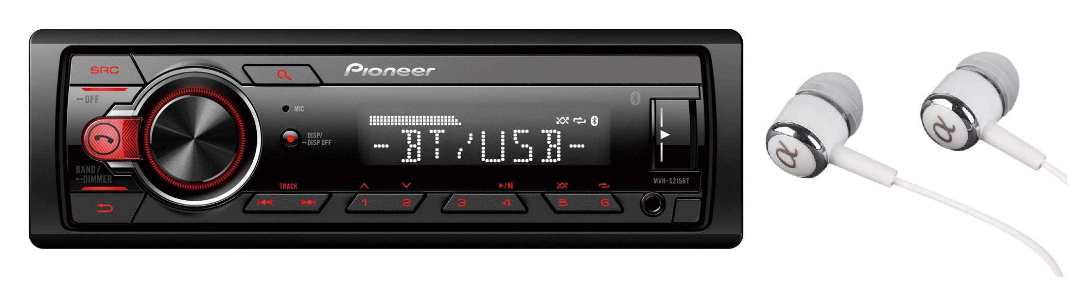 Pioneer MVH-S215BT Single DIN Bluetooth Car Stereo Receiver - USB, MP3, Aux, AM/FM, Android Smartphone Compatible with ALPHASONIK Earbuds | Hands-Free Calling, Music Streaming & Digital Media Playback for Cars, Trucks & SUVs