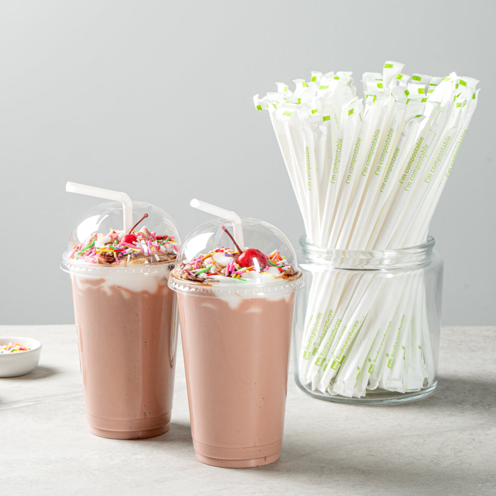 Eco-Friendly Compostable PLA/PBAT Plastic Straws - White, Flexible, Individually Wrapped (8 1/4