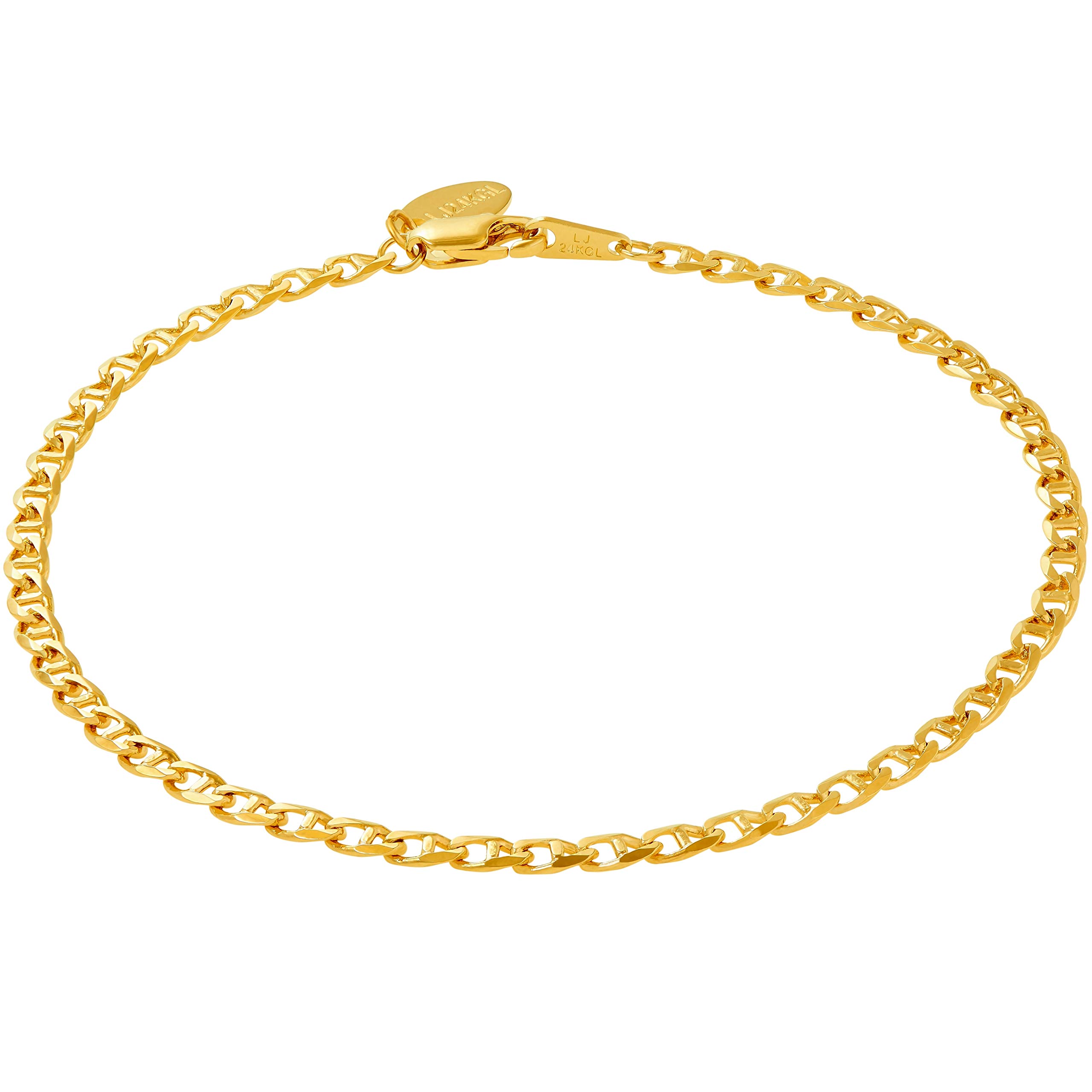 LIFETIME JEWELRY Women's 24k Gold Plated 3mm Mariner Link Chain Ankle Bracelet - Elegant Anklet for Everyday Wear, Beach Vacation & Special Occasions