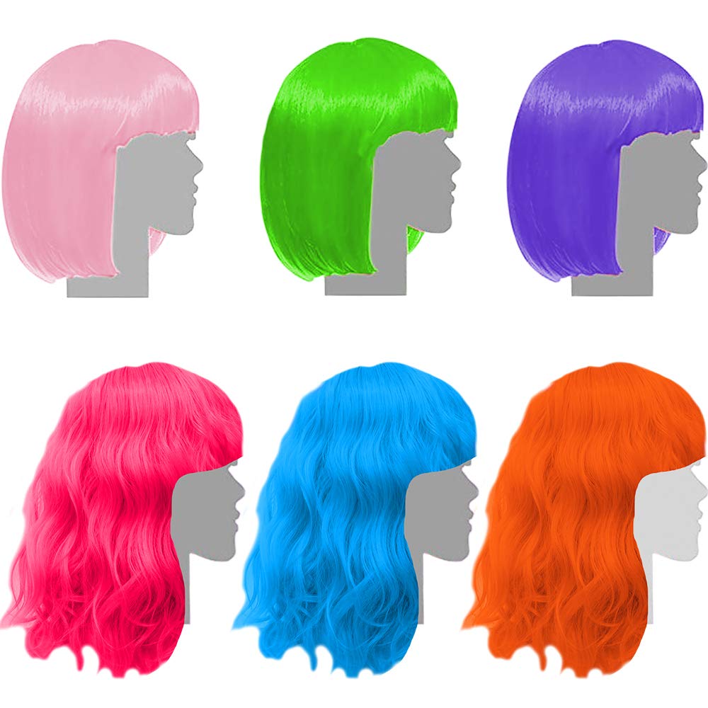 Sterling James Co. 6 Pack Colorful Party Wigs for Mardi Gras, Bachelorette Party, Halloween & Cosplay - Neon Wigs for Women, Girls, Adults - Fun Party Favors, Supplies & Decorations (Great for Themed Parties, Costume Events & Celebrations)