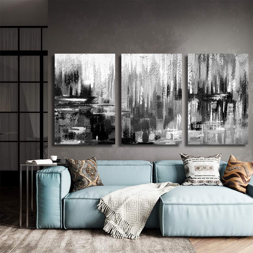 Abstract Black and White 3-Panel Canvas Wall Art - Modern Framed Paintings for Bedroom & Living Room Decor (24