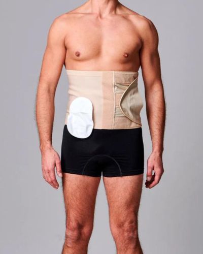 Unisex Adjustable Anti-Roll Ostomy Hernia Support Belt with Pouch Opening - 26cm/10inch, XXL, Right Side, Beige - Ideal for Post-Surgery Comfort & Active Lifestyle