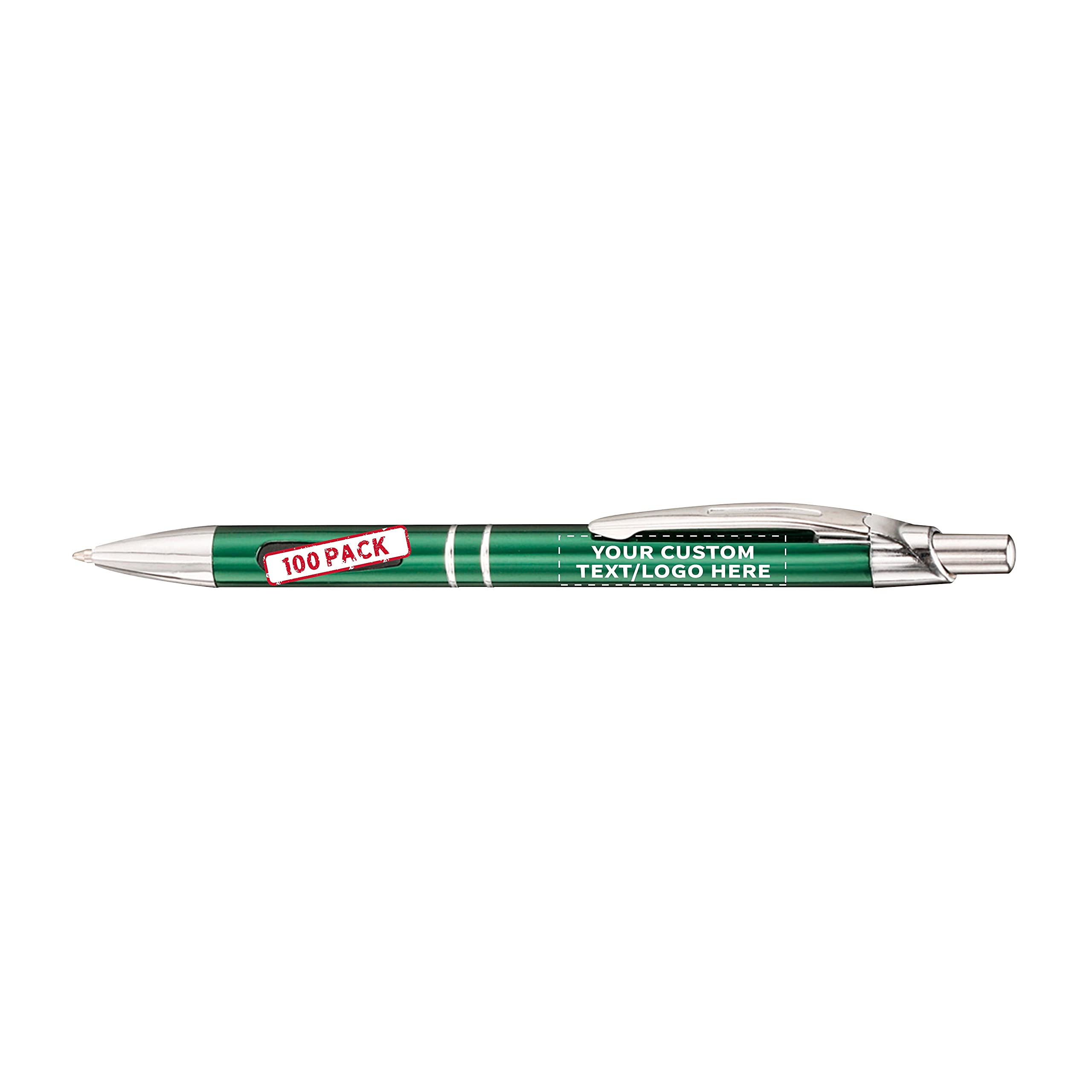 100 Pack Black Ink Metal Pens with Custom Text & Logo - Retractable Ballpoint Pens with Silver Accents - Premium Office & School Supplies for Business Gifts, Promotions & Everyday Writing