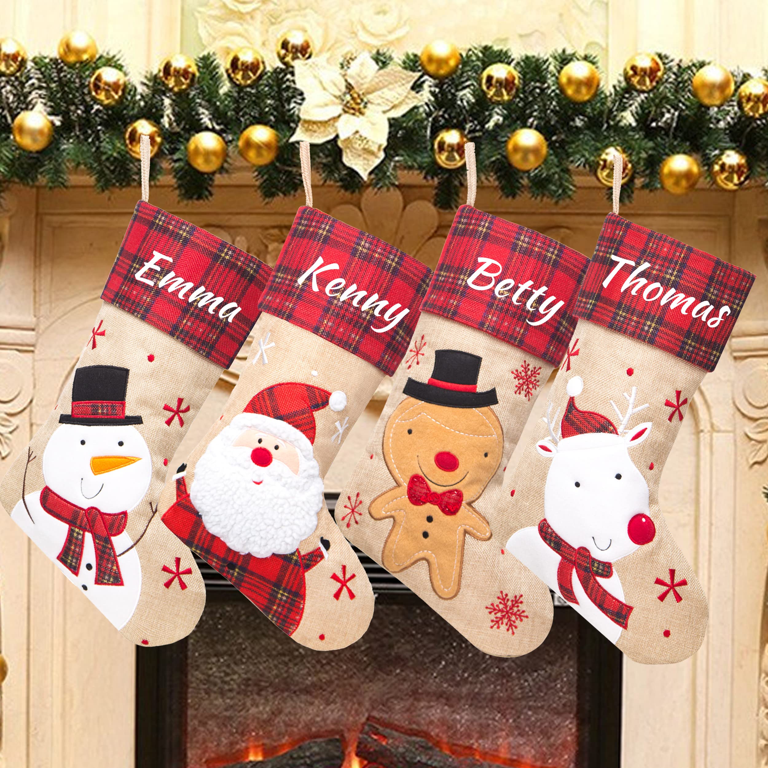 Personalized Christmas Stockings Set of 4 - Cute Santa Snowman Reindeer Pattern Light Coffee Holiday Stockings for Fireplace Mantel Decor, Gift Giving & Family Traditions
