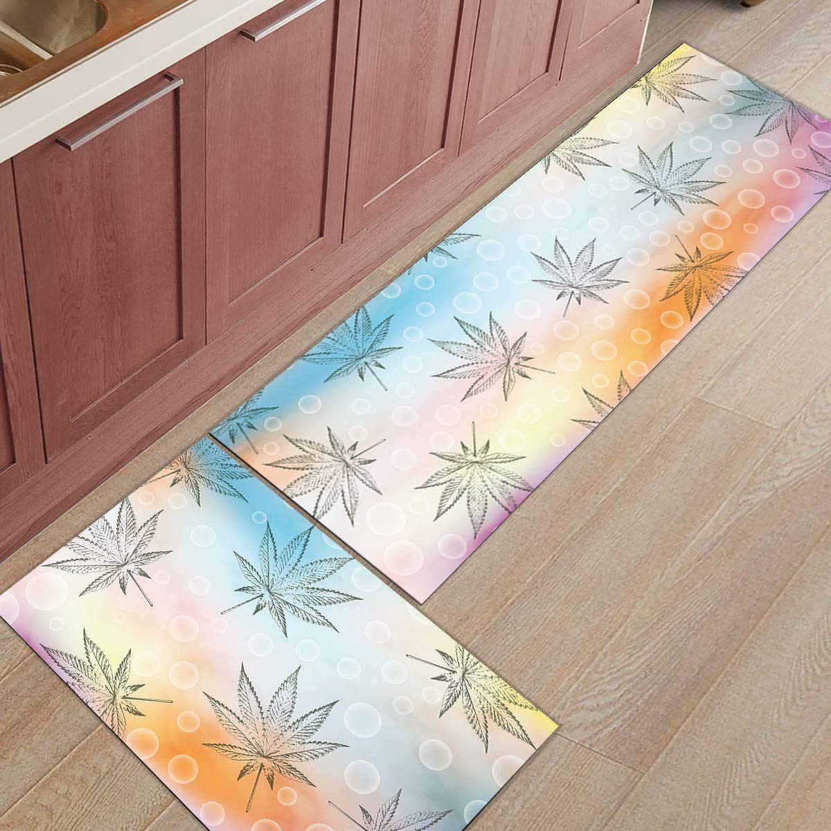 Premium Anti-Fatigue Kitchen Floor Mats - 2pc Set with Artistic Cannabis Leaf Design, Non-Slip Kitchen Rugs for Comfort & Safety | Perfect for Cooking, Baking & Standing Long Hours in Modern Kitchens