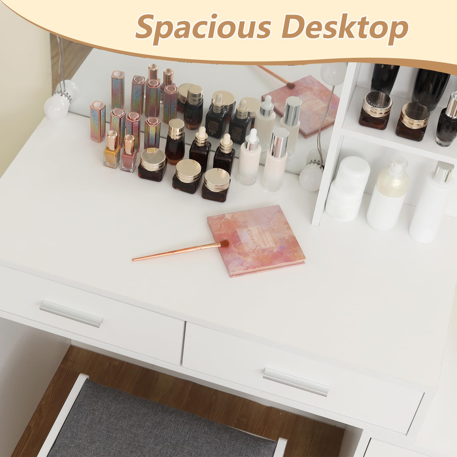 USIKEY 43.5 Inch Large LED Vanity Desk with Mirror - 10 Adjustable Lights, 5 Storage Drawers & Stool - White Makeup Dressing Table with Shelves for Women & Girls | Perfect for Bedroom, Dorm, Beauty Salon & Gift