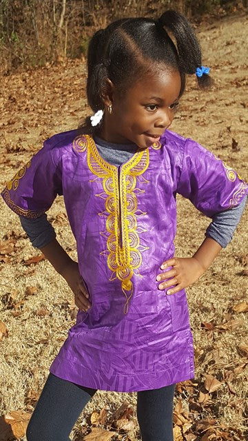 Stylish Purple Dashiki with Gold Embroidery for Girls & Boys | African Print Traditional Outfit | Perfect for Parties, Weddings & Cultural Events