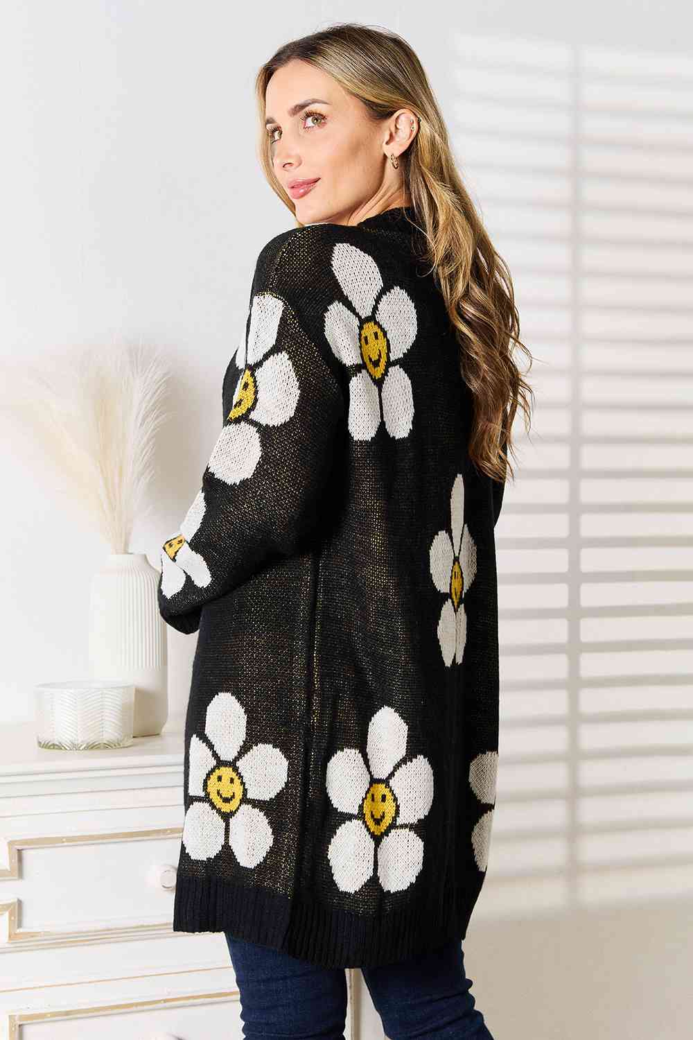 Black Smiley Face Floral Button Down Longline Cardigan for Women - Cute & Stylish Open Front Sweater for Casual Outfits, Date Nights & Layering