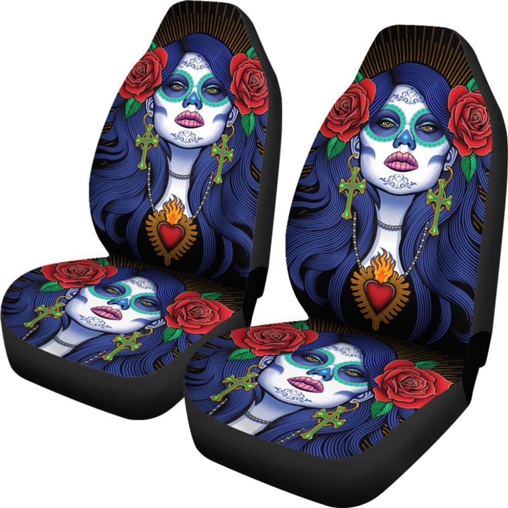 2 Pcs Sugar Skull Girl Car Seat Covers - Gothic Floral Design Universal Fit for Most Vehicles - Perfect for Halloween, Dia de Los Muertos & Car Decor