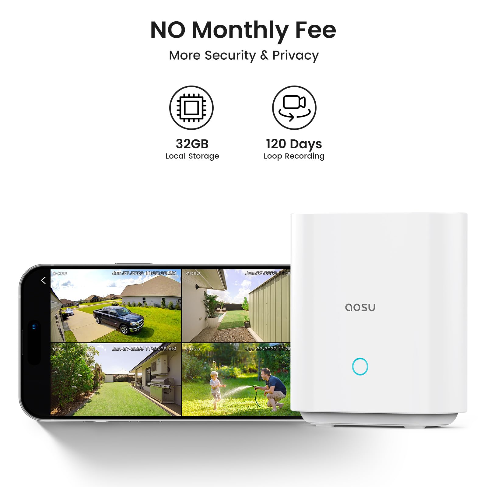 AOSU Solar-Powered Home Security Camera Add-On - Compatible with AOSU HomeBase (Not Standalone), Supports 4 Cameras Simultaneously | Outdoor Surveillance, Night Vision, Weatherproof for Home & Business Protection