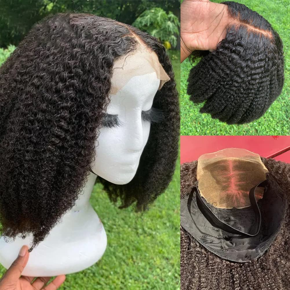Glueless Short Kinky Curly Bob Wigs - 100% Brazilian Virgin Human Hair Lace Front Wigs with 4x4 Lace Closure & Baby Hair for Black Women | Pre-Plucked 180% Density, 10 Inch | Perfect for Daily Wear, Cosplay, and Special Occasions