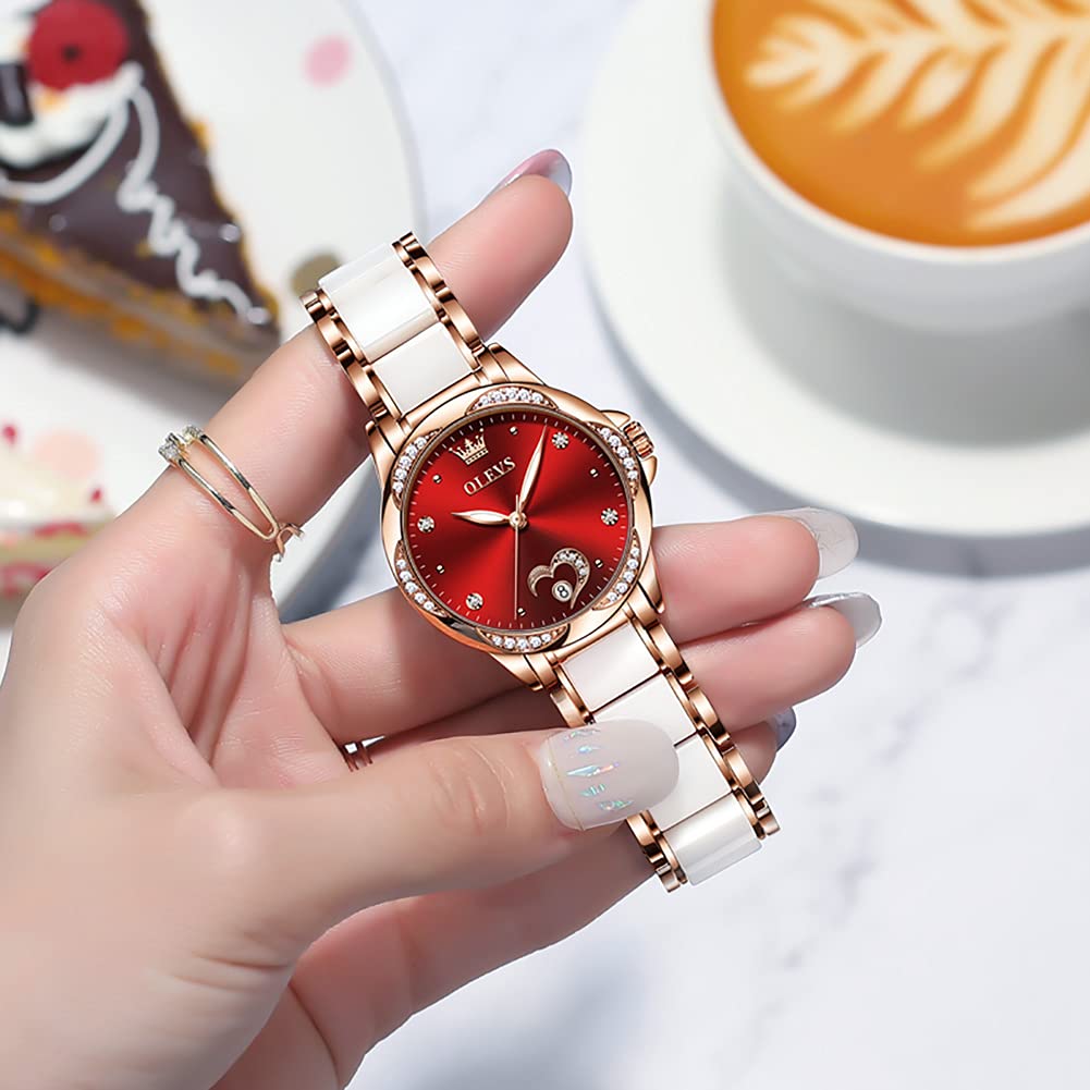 OLEVS Rose Gold Women's Automatic Watch with Two-Tone Stainless Steel & Ceramic Bracelet, Diamond-Accented Self-Winding Ladies Watch - Red/Blue/White Dial (No Battery Required) | Perfect for Office, Party & Everyday Wear