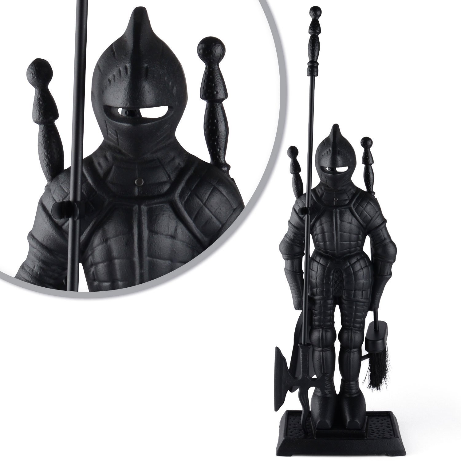 Dark Knight Fireplace Tool Set - Heavy Duty Black Cast Iron Fireplace Accessories for Home & Outdoor Use | Fireplace Poker, Shovel, Brush & Stand | Rust-Resistant & Durable for Fireplace Maintenance
