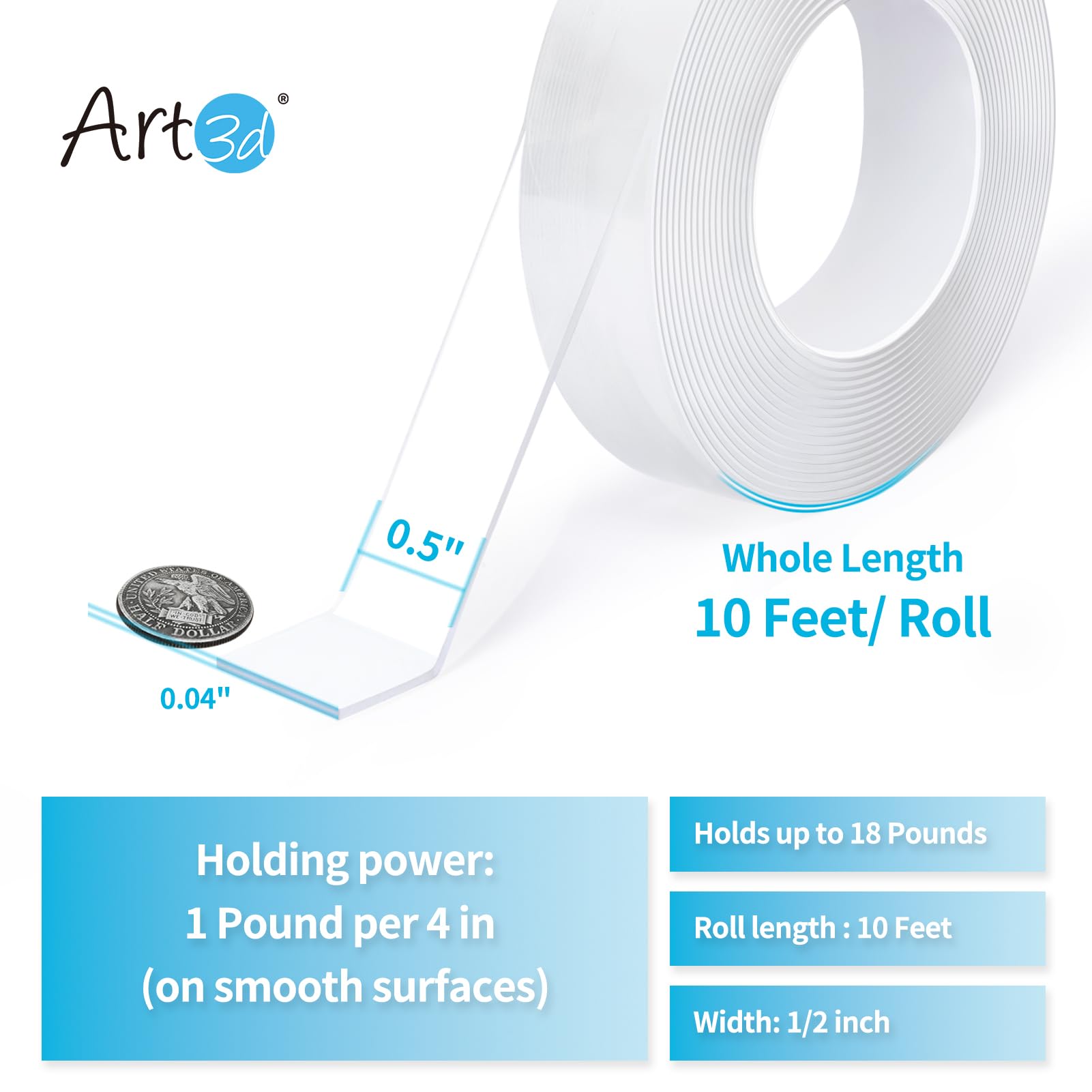 Art3d 10FT Double-Sided Mounting Tape - Heavy Duty Removable Adhesive Foam Strips for Hanging Pictures, Posters, Mirrors & Home Decor - Clear Transparent Strong Hold - Perfect for Walls, Doors, Glass & Smooth Surfaces