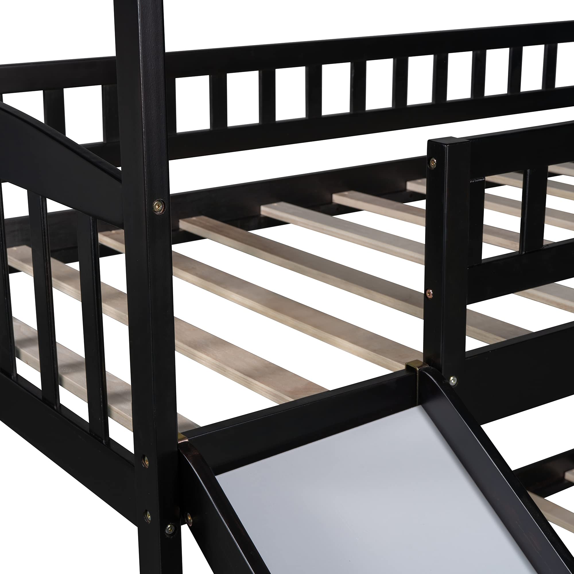 Solid Wood Twin Over Twin Bunk Bed with Slide, Roof & Guardrail - Low Profile Kids Bunk Bed for Toddlers, Boys & Girls - No Box Spring Needed (Espresso) - Perfect for Small Bedrooms, Playrooms & Sleepovers