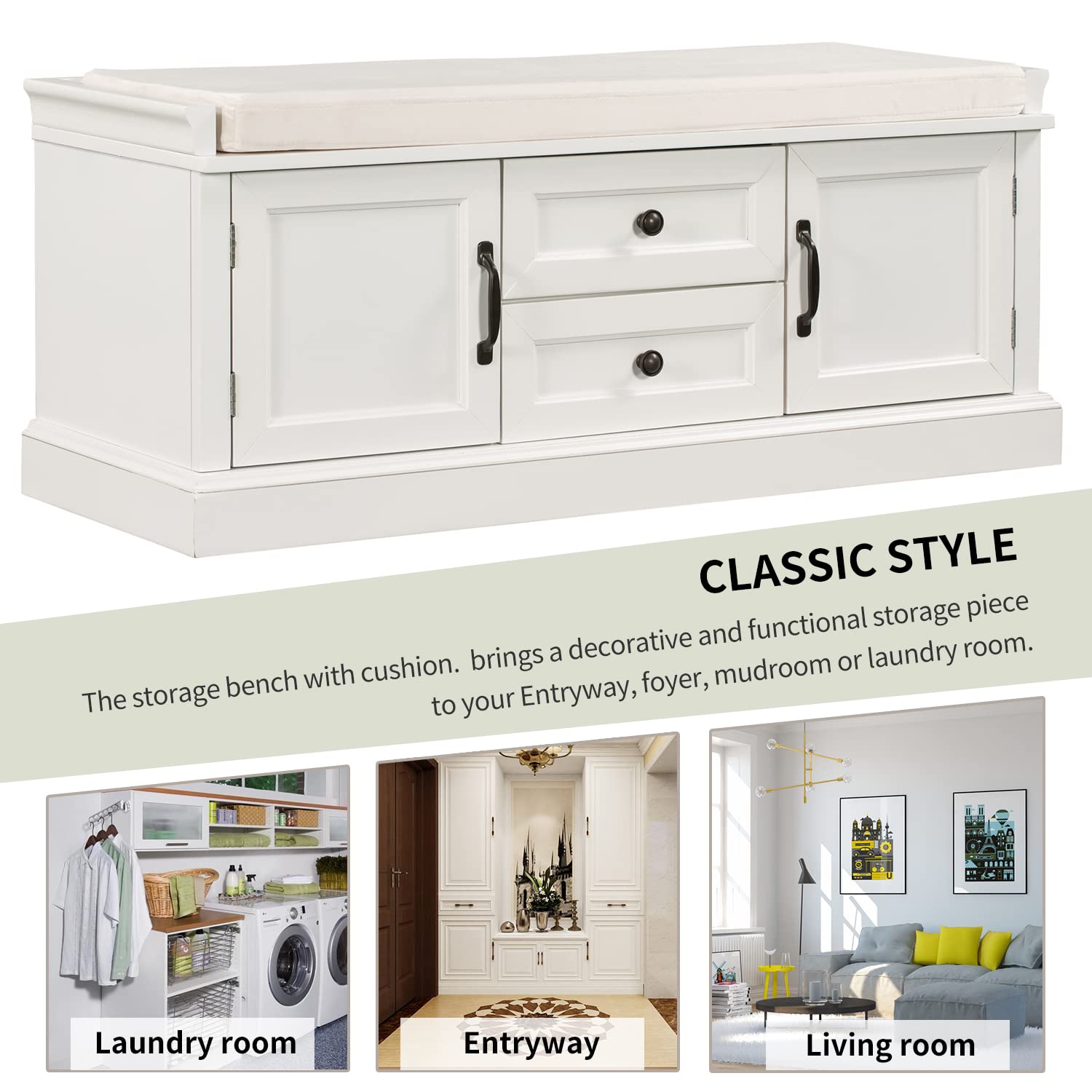 Rustic Wood Storage Bench with 2 Cabinets & 2 Drawers - Entryway Shoe Bench with Removable Cushion for Bedroom, Hallway, Living Room | Easy Assembly Required | Perfect for Small Spaces & Home Organization