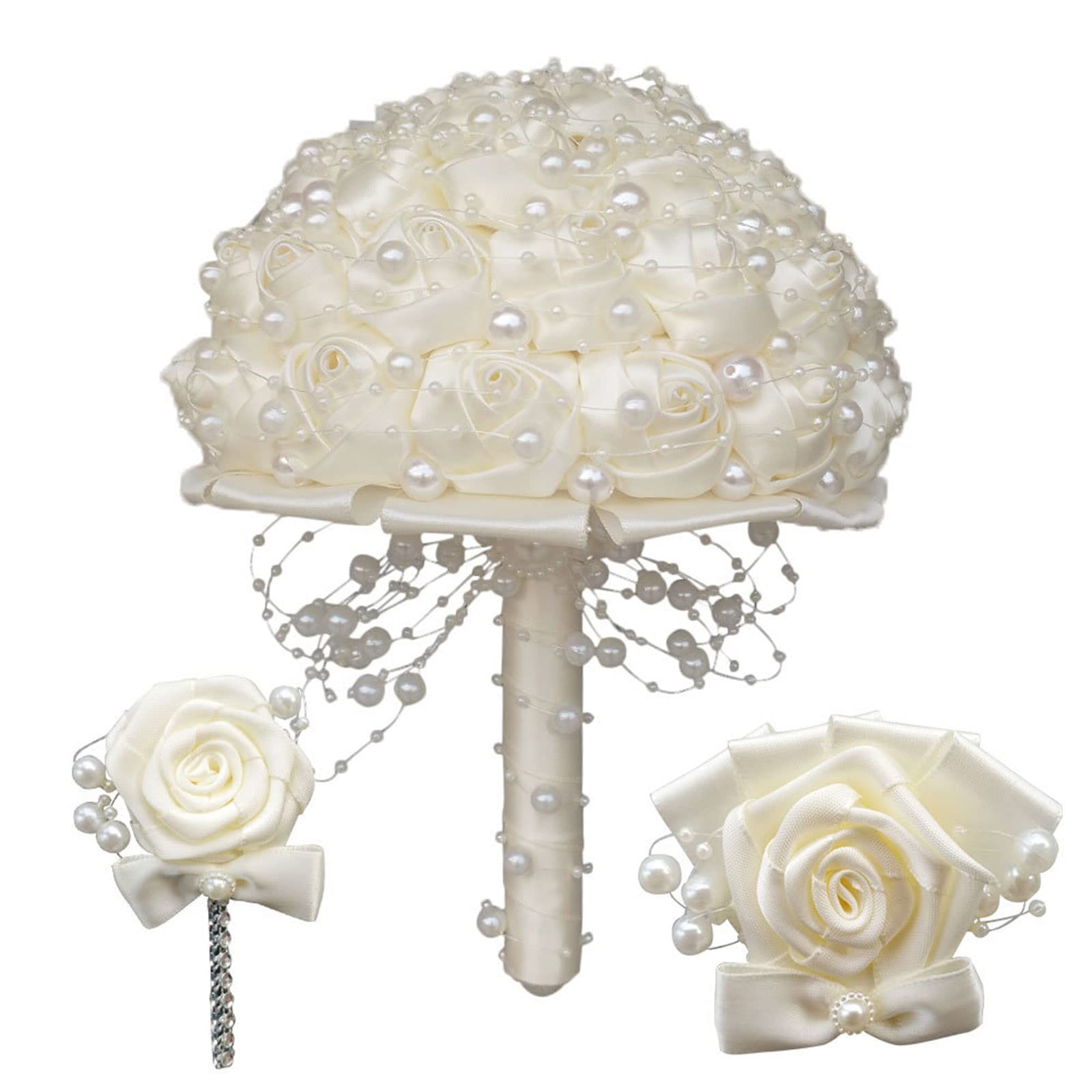 Romantic Artificial Rose Bridal Bouquet with Pearl & Soft Ribbons - Wedding Bouquet for Bride & Bridesmaids - Perfect for Weddings, Parties, Church Ceremonies & Photo Shoots
