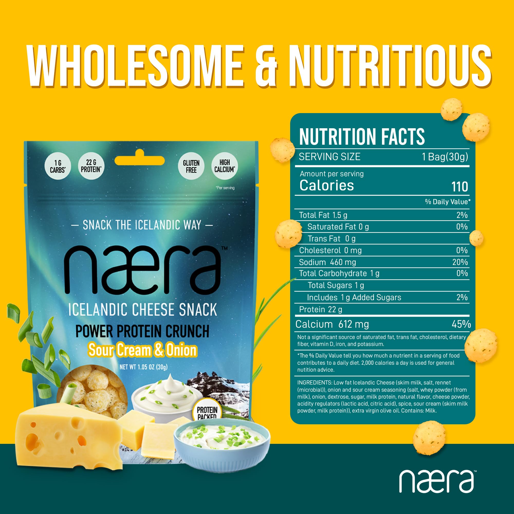Næra Icelandic - Sour Cream & Onion 100% Cheese Crunch Protein Snacks | Keto Friendly, Gluten-Free, High Protein | All-Natural Snack for Adults & Kids (1.05 oz) | Perfect for On-the-Go, School Lunches & Low-Carb Diets