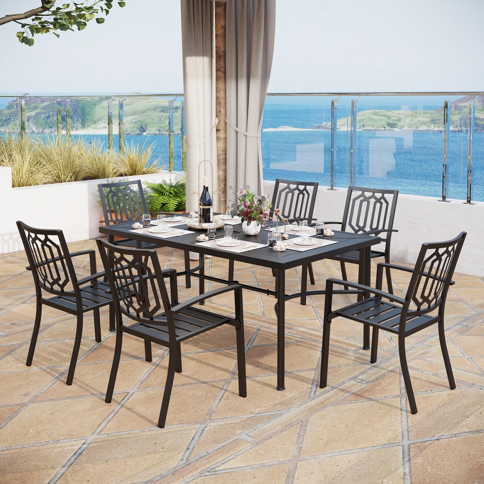 MFSTUDIO 7-Piece Outdoor Patio Dining Set with 6 Stackable Metal Chairs & 64